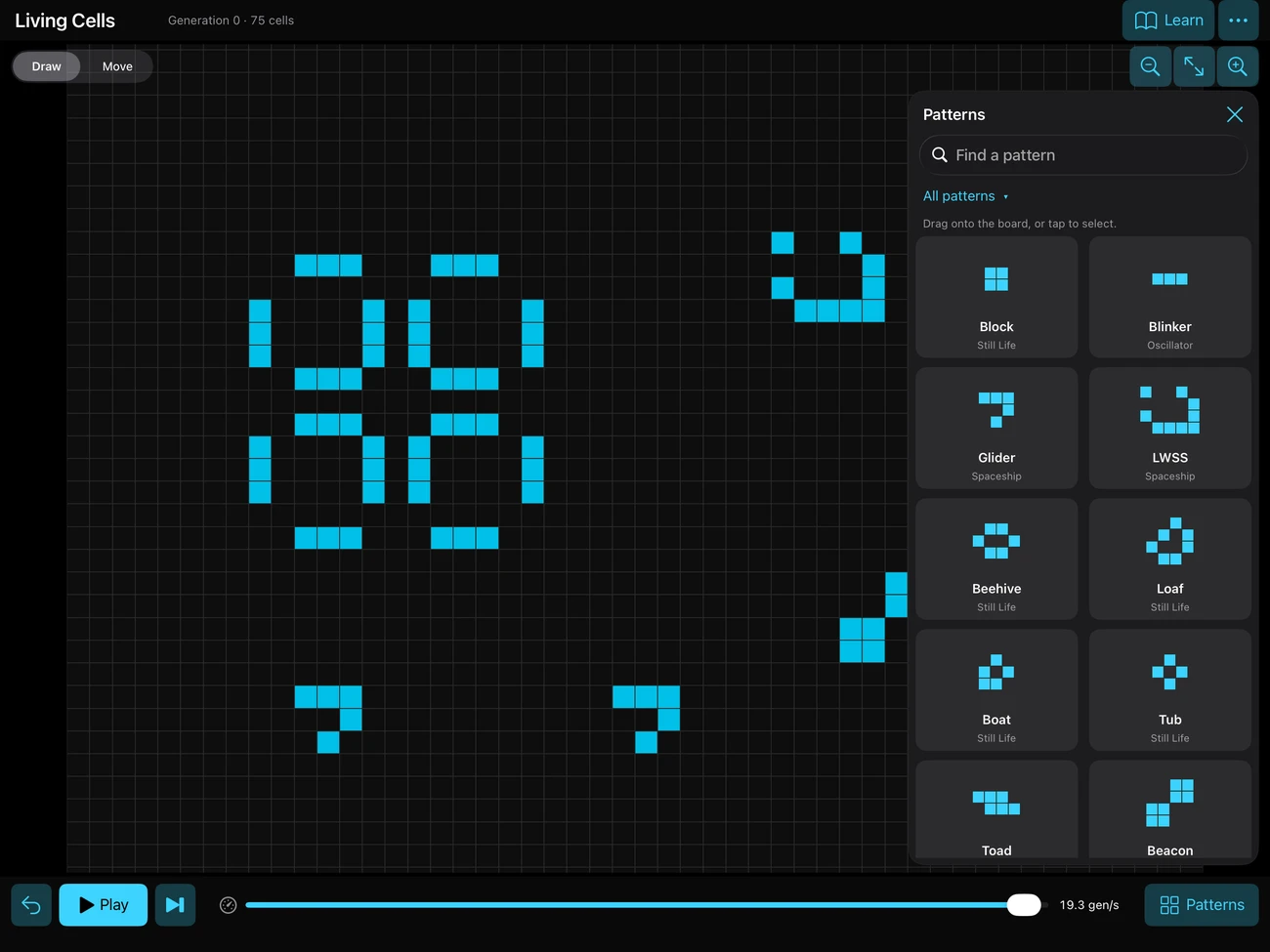 Actual Living Cells on iPad: a board of cyan patterns with the visual pattern library open.