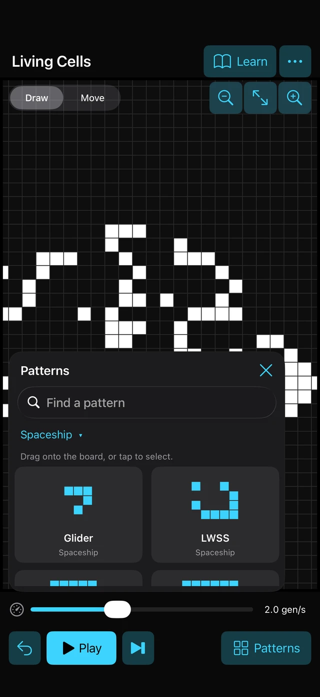 Actual Living Cells on iPhone: white cells on the grid and the pattern library open above the simulation controls.