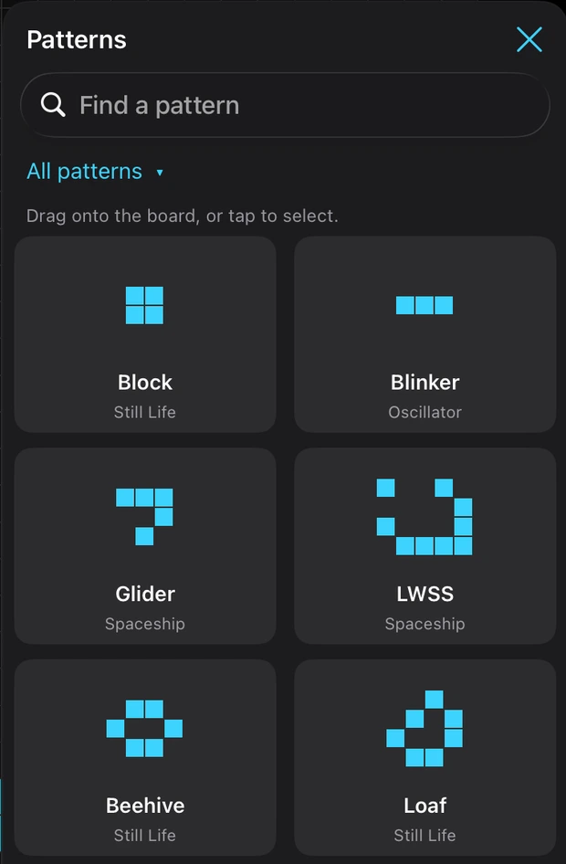 The app’s visual pattern library on iPad, with the search field and classic patterns including Block, Blinker, Glider and LWSS.