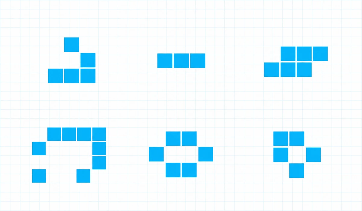 Six patterns from Conway’s Game of Life: glider, blinker, toad, lightweight spaceship, beehive and boat.