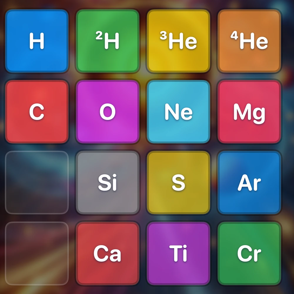 A close-up of the real game board, with hydrogen, helium, carbon, oxygen and neon tiles.