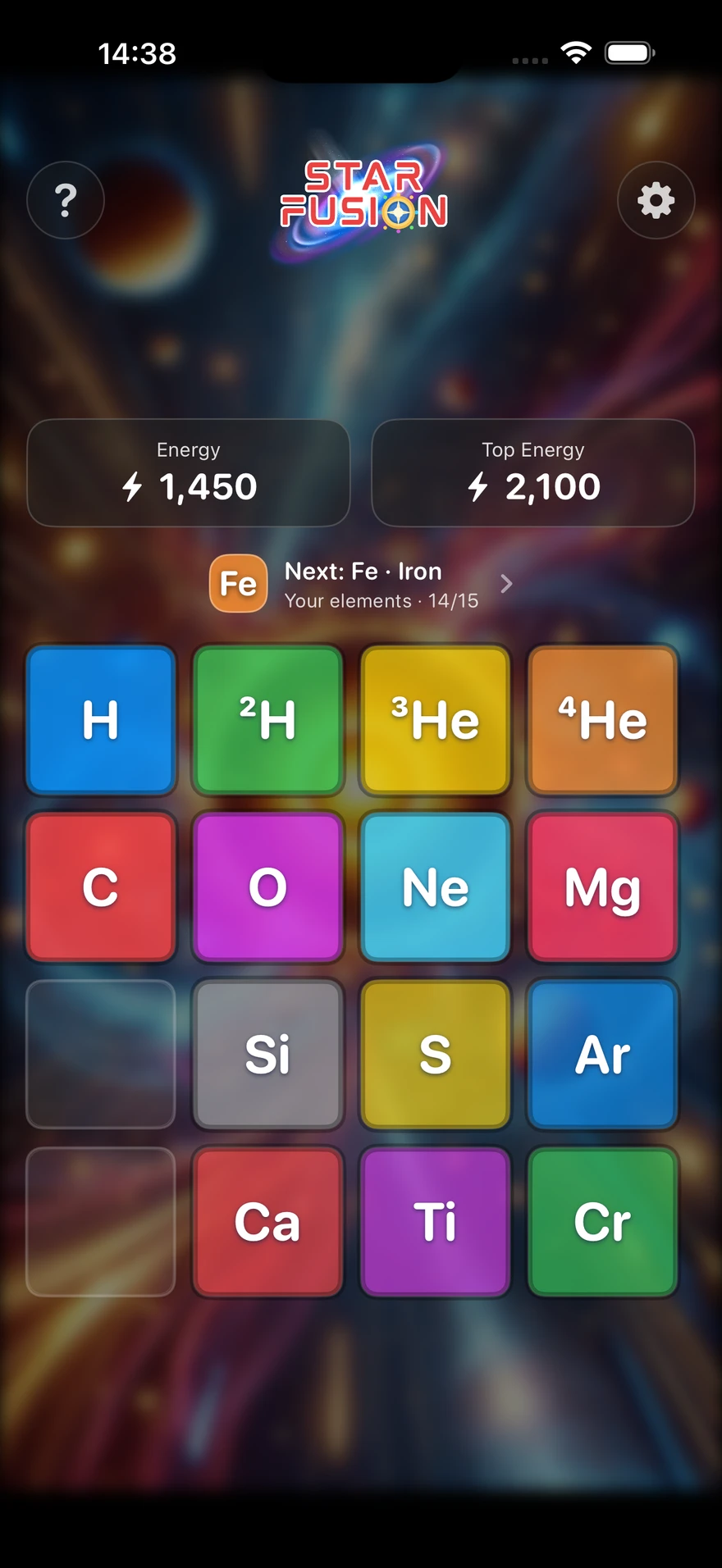 Actual Star Fusion gameplay: a four-by-four board of colourful element tiles, with energy and the next discovery above it.