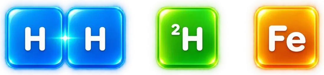 Two hydrogen tiles, a deuterium tile, and an iron tile: from your first match to your goal.